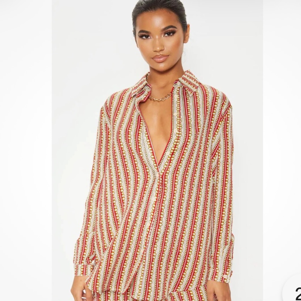 Prettylittlething Red Chain Print Oversized Button Down Blouse Shirt Sz 6 View 2
